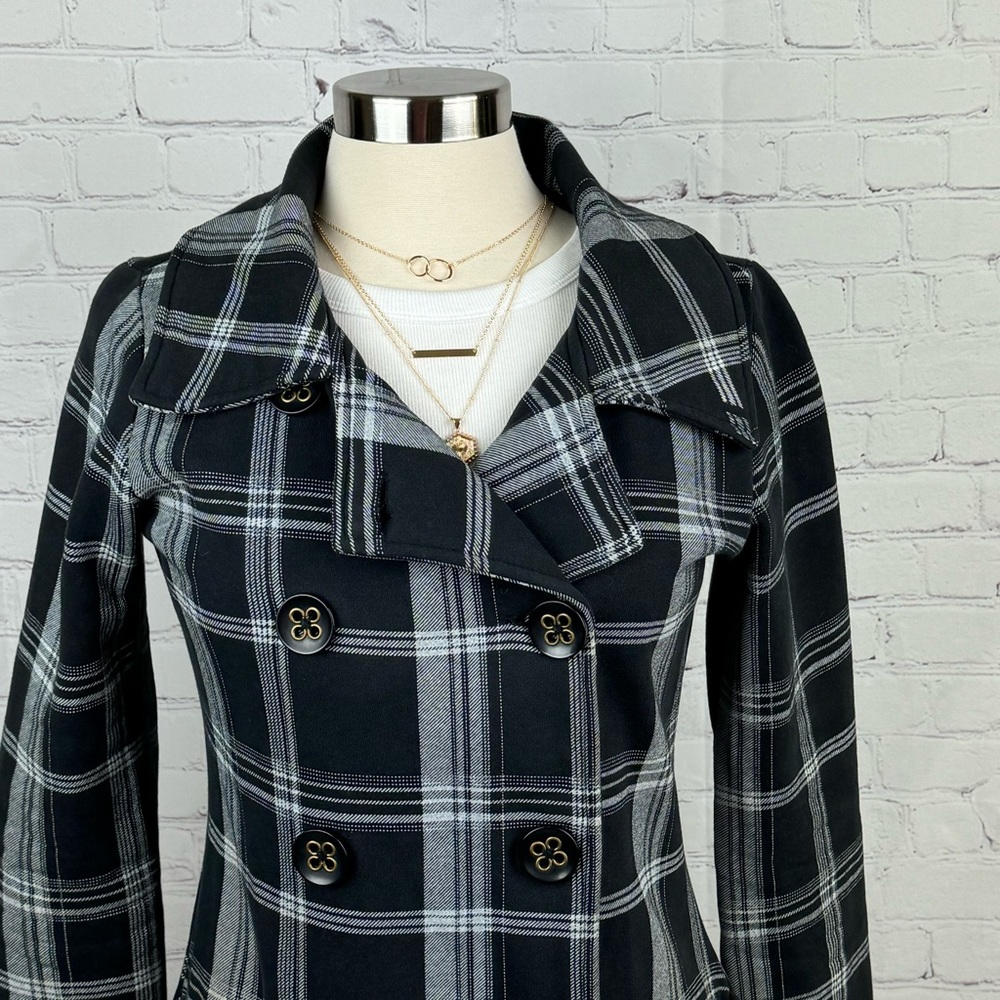 Billabong Jacket Womens Medium Black Plaid Tapered Waist Pea Coat With Pockets - Picture 6 of 16